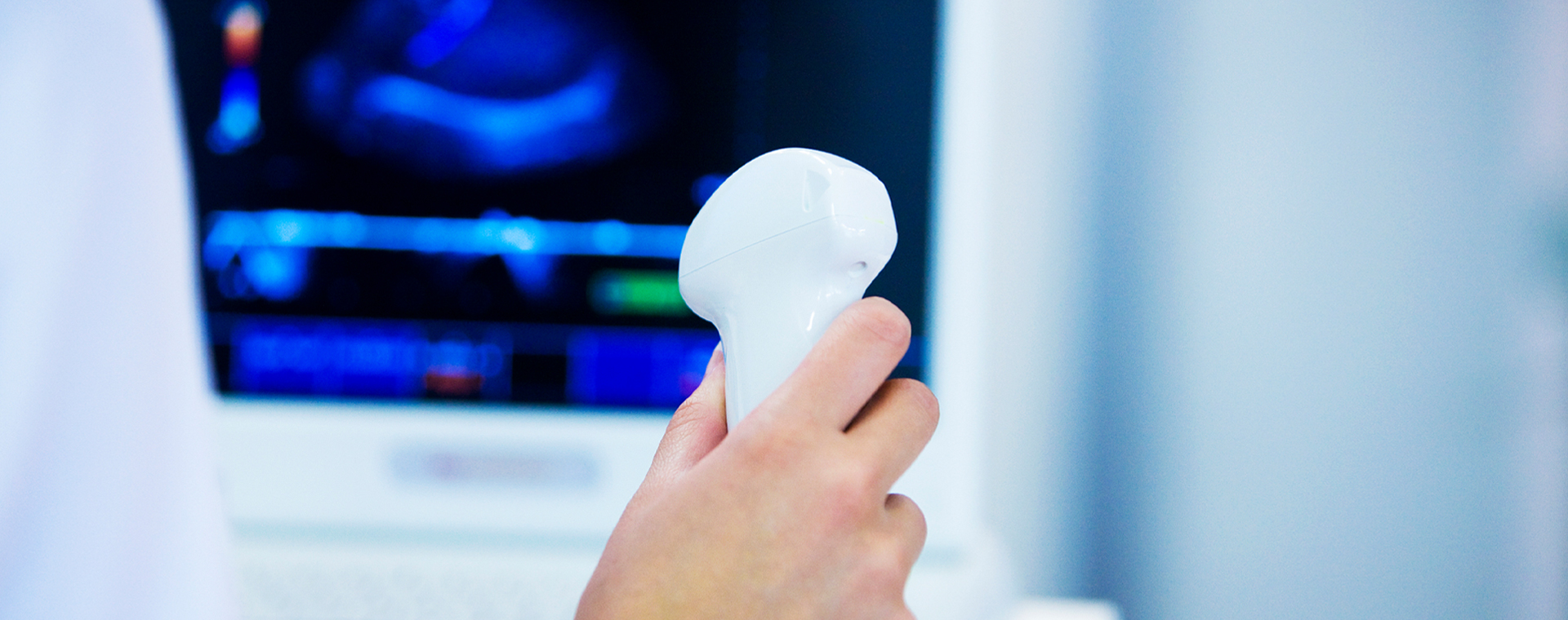 Person holding ultrasound probe in front of ultrasound imaging screen.