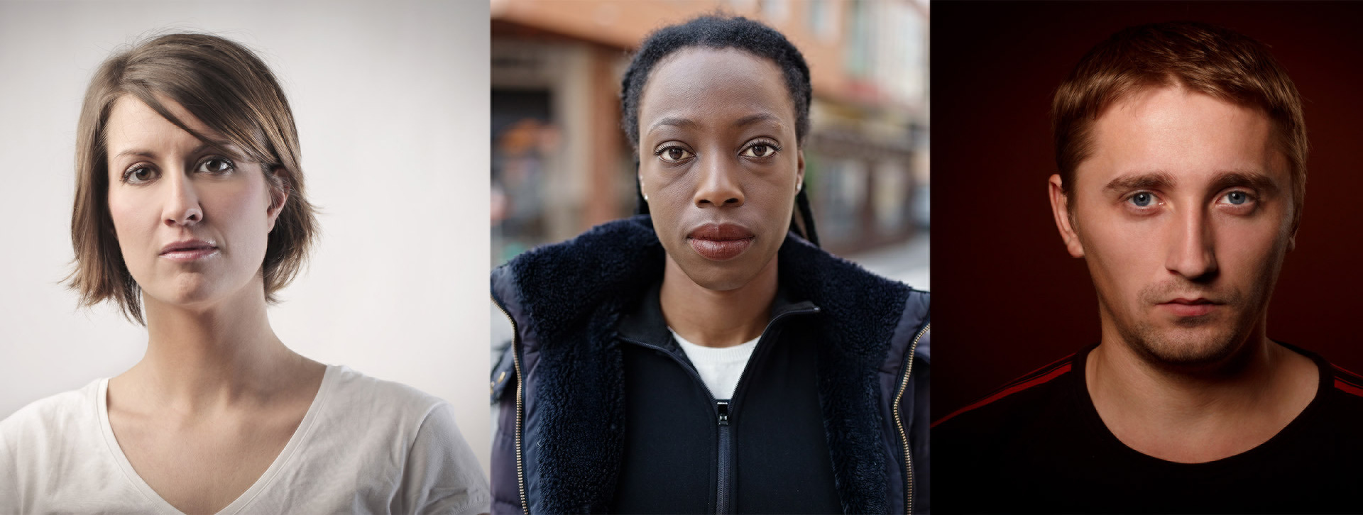 Three close up photos of three people staring into the camera.